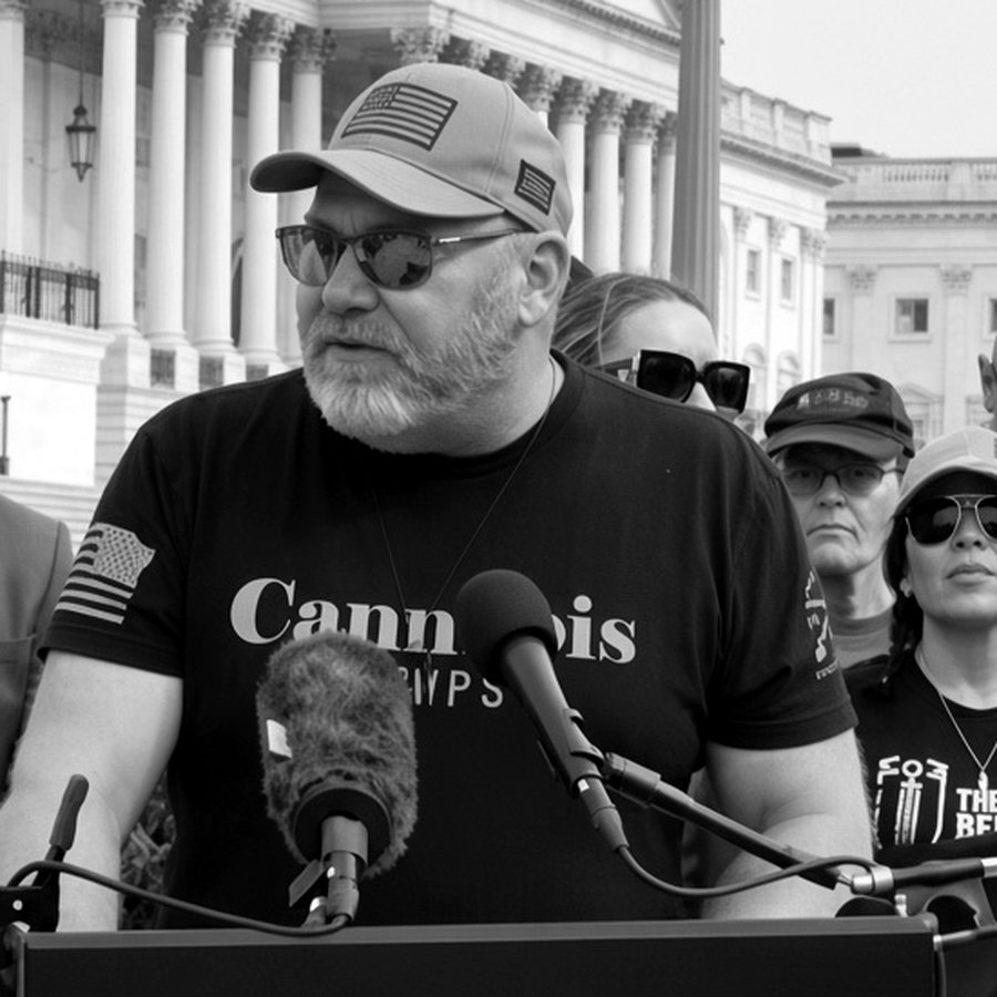 Will Wisner speaking at a lectern outside the United States Capitol, with veterans and advocacy groups gathered behind him.